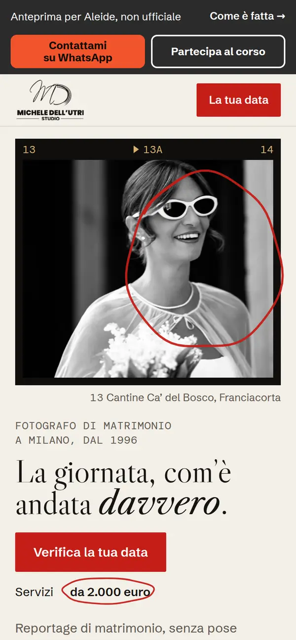 La home rifatta, dal telefono: la stampa di una sposa che ride, col bordo della pellicola e un cerchio rosso a matita, il titolo e Verifica la tua data